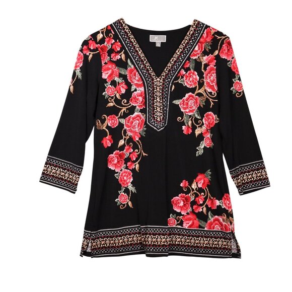 JM Collection Black Floral V-Neck 3/4 Sleeve Tunic With Red Rose Pattern Women's - Picture 1 of 11